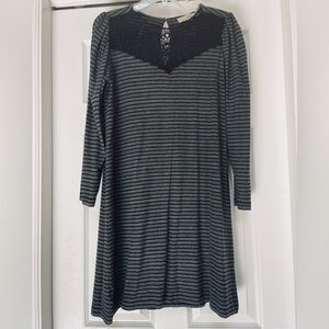 LOFT Striped Dress XS Gray Black Lace Yoke 3/4 Sleeve A-Line Knit Casual